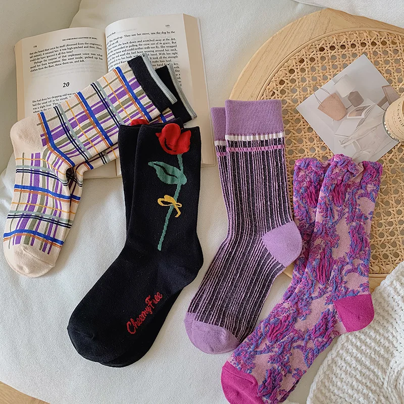 

Socks female mid-thigh high-top socks Japanese floral plaid stripes retro literature Mori Department fall and winter cottonsocks