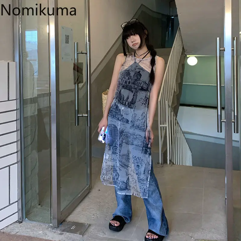 Женская модная пикантная газовая блузка Длинные рубашки без рукавов с принтом Y2k