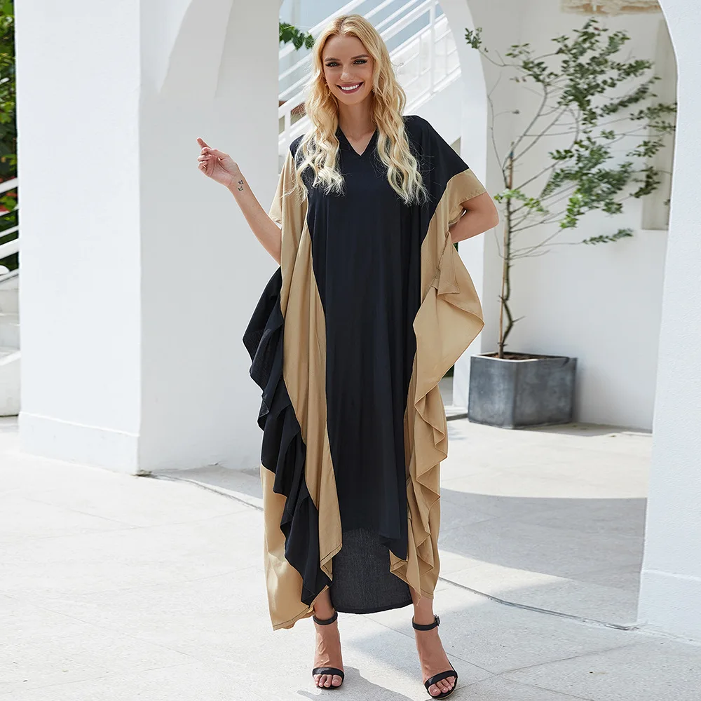 

V-neck Muslim Dress Ruffled Edge Robe Dubai Holiday Ladies Arabic Robe Women Abaya Elegant Turkey Islamic Caftan Robe Long Skirt