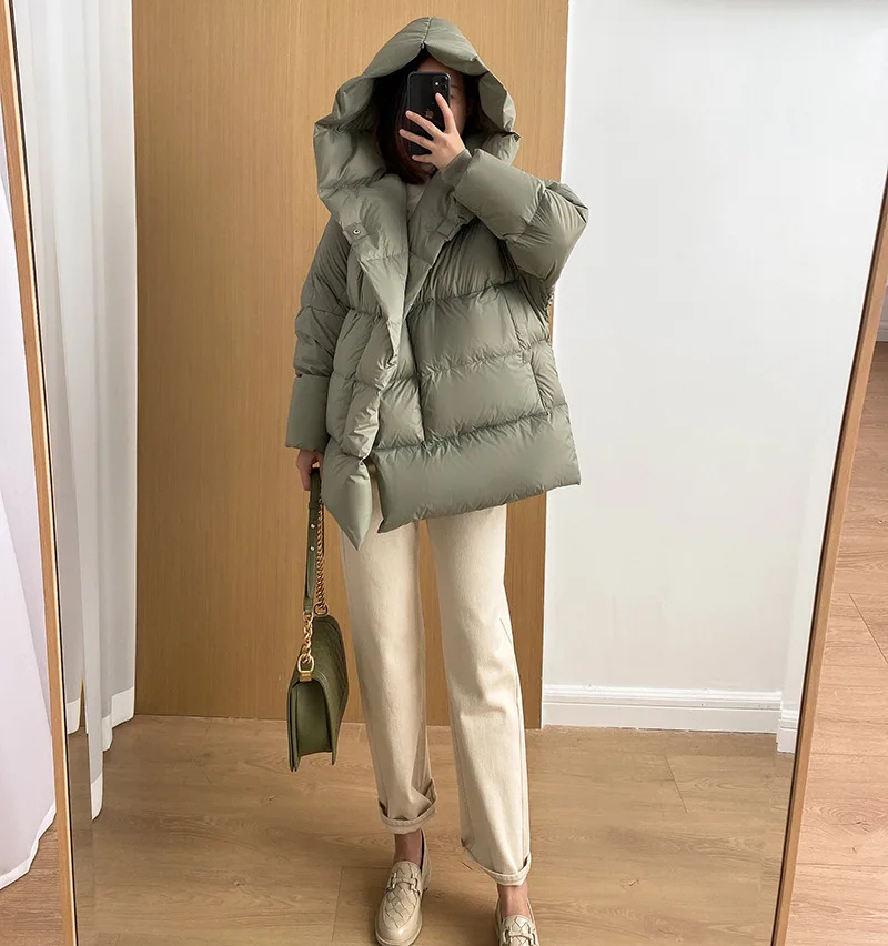 Winter New Long Sleeve Hooded Button Short Womens Down Coat Loose White Duck Down Coat for Women
