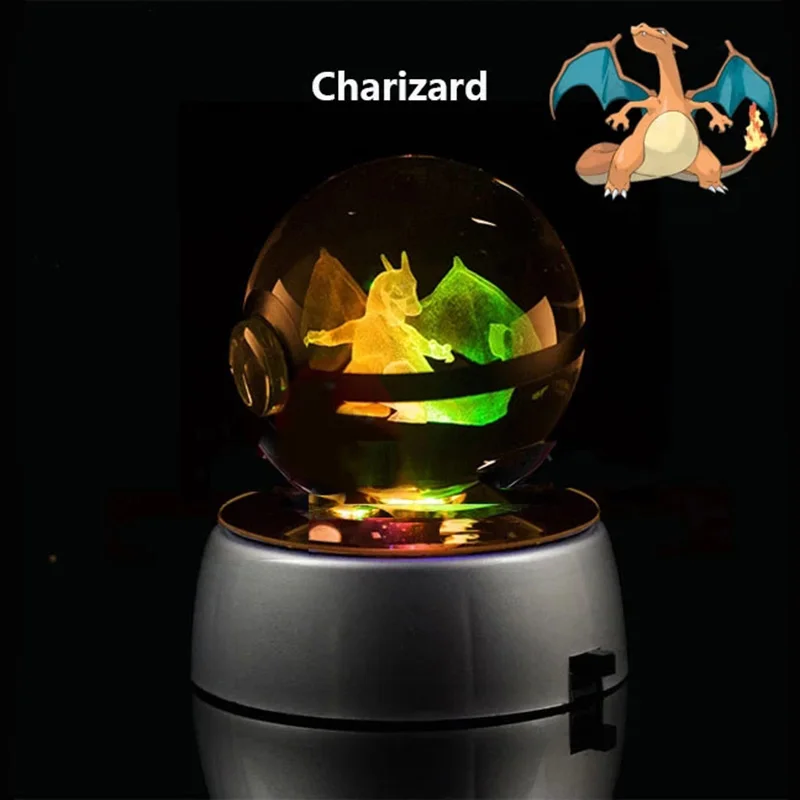 

Anime Pokemon 3d Crystal Ball Snorlax Figure Pokeball Engraving Crystal Charizard Model With Led Light Base Kids Christmas Gift