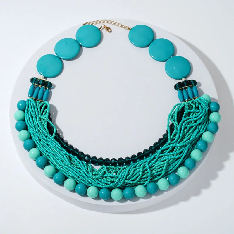 

Hyperbole Bohemian Women's Jewelry Accessories Acrylic Chain Handmade Glass Rice Beads Multi Layer Pendants Thick Boho Neckalce