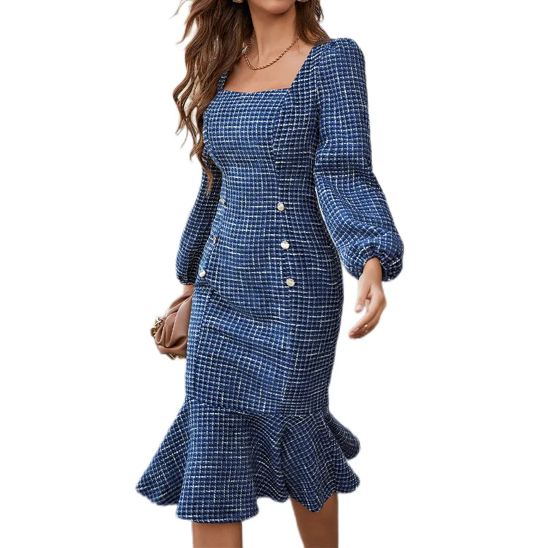 

Mandylandy Women Elegant Autumn Winter Mermaid Dress Office Lady Long Sleeve Square Collar High Waist Corset Bodycon Dress