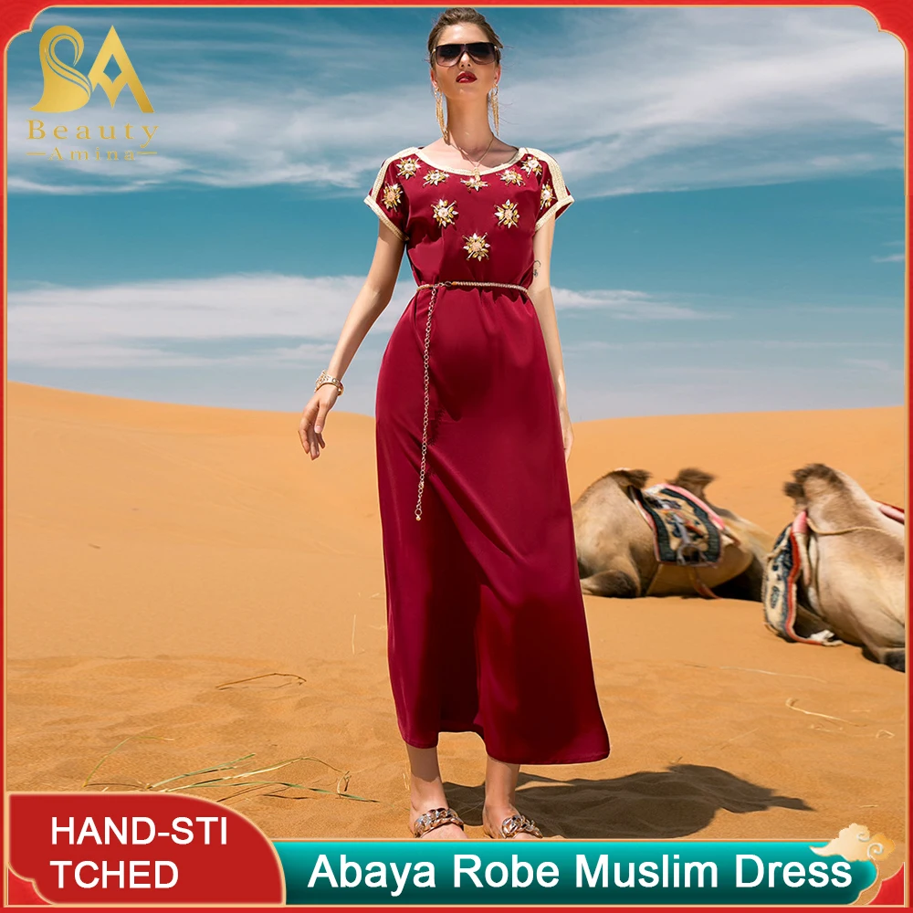 Muslim Robe Wine Red Acetate Satin Hand-Sewn Drill Short-Sleeved Retro Dress Net Red Popular Dress Abaya Arab Women's Clothing