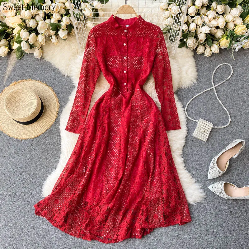 A483 Gray Blue Red Lace Evening Dress Lady Casual Vestidos Girl Long Sleeve Slim Crochet Wedding Guest Dress With Buttons