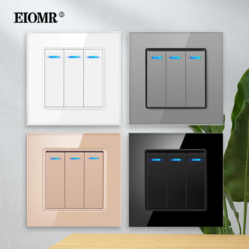 

EIOMR EU Standard 3 Gang Wall Rocker Switch Large Panel Size 86mm*86mm White/Black/Gold/Gray with LED Indicator Light Switch