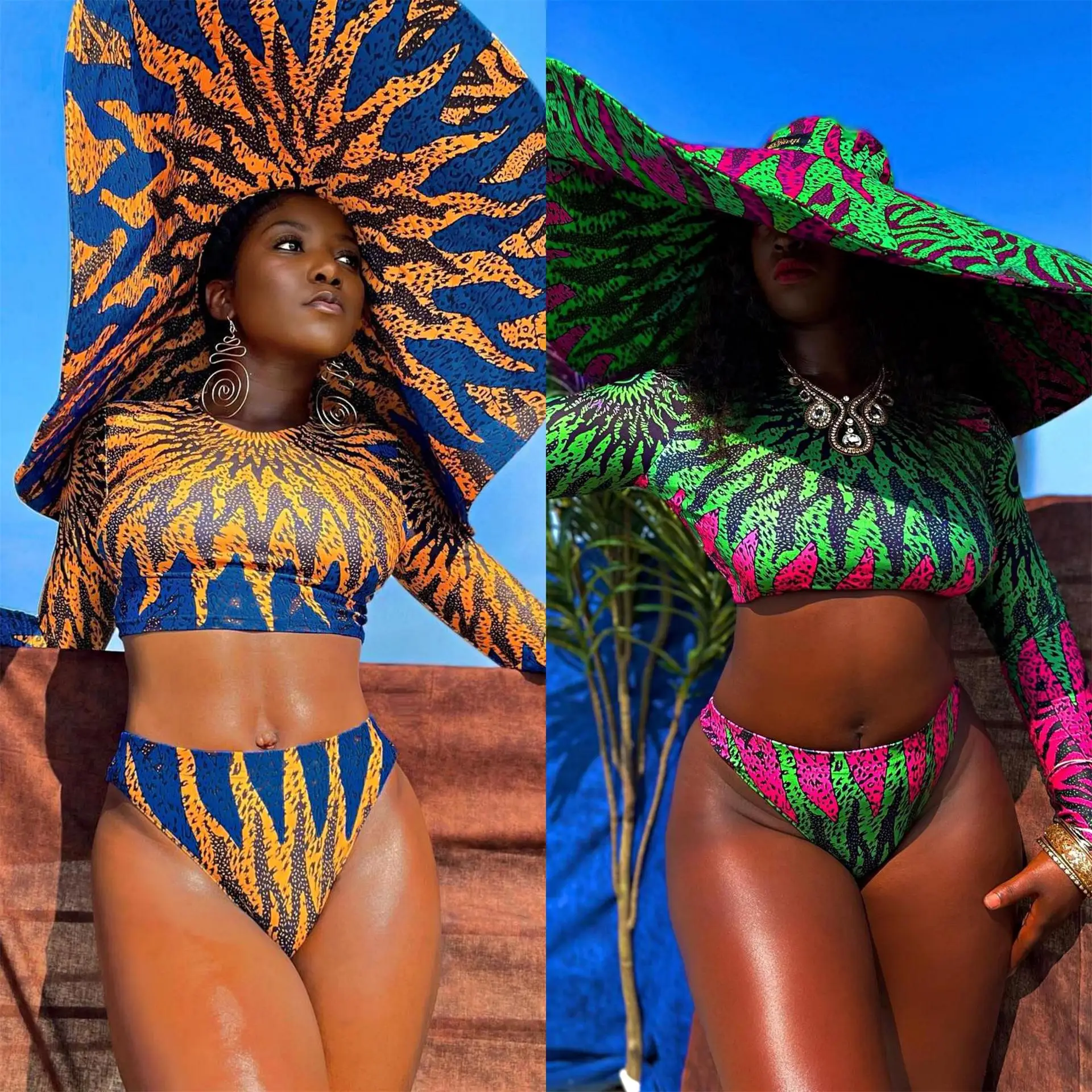 

European and American New Long Sleeve High Waist Split Swimsuit Female Printing