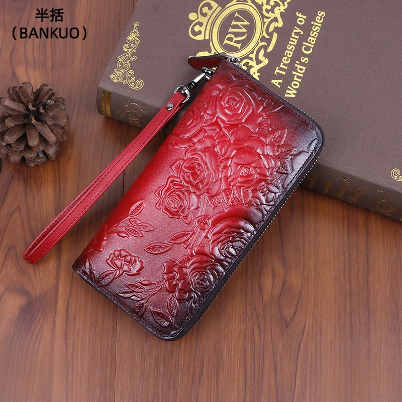 

BANKUO 2022New воловья кожа Ретро стиль Длинная женская сумка модная с несколькими слотами для карт тисненная цветная сумка на молнии