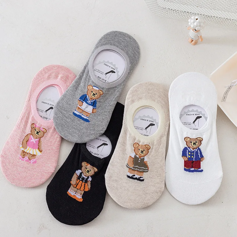 5pc/2022 Spring and Summer New Bear Socks Women's Korean Version Cartoon Short Tube Tide Ins Shallow Mouth Invisible Woman Cute