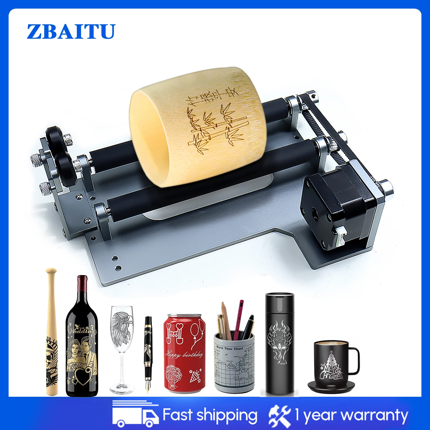 ZBAITU R10 Rotary Roller for Laser Engraver Woodworking Machines Y-axis 360° Rotating Engraving Cylindrical Objects Wine Glass