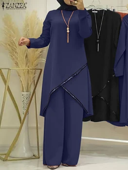 ZANZEA Fashion Muslim Women Long Sleeve Blouse Abaya Suits Sequins Islamic Clothing Loose Matching Sets 2PCS Urban Tracksuit 1