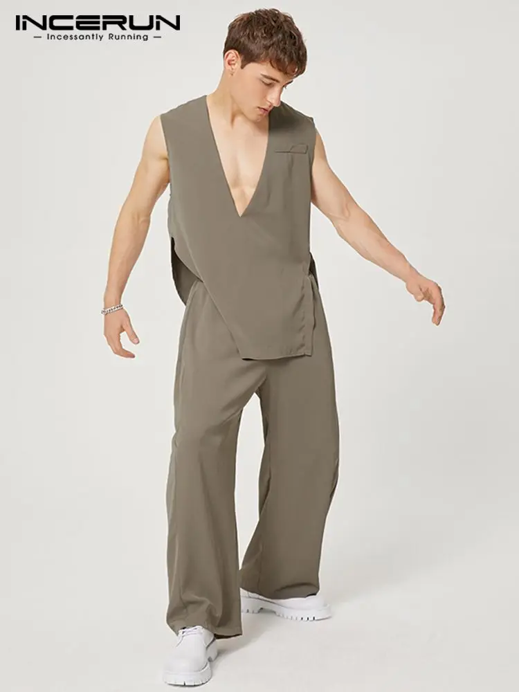 

INCERUN 2022 Men Sets Solid Streetwear Summer V Neck Sleeveless Tank Tops & Straight Pants 2PCS Loose Men Casual Suits S-5XL