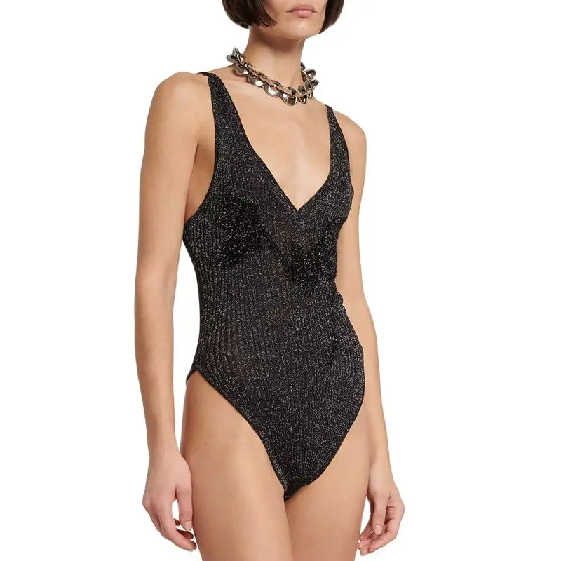 

Трикотажный жаккардовый цельный облегающий топ с открытой спиной из металлической пряжи, Новинка лета 2023, сексуальный Модный женский комбинезон y2k