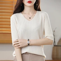 v neck knitted short sleeved t shirt womens pullover western style base simple solid color all match short