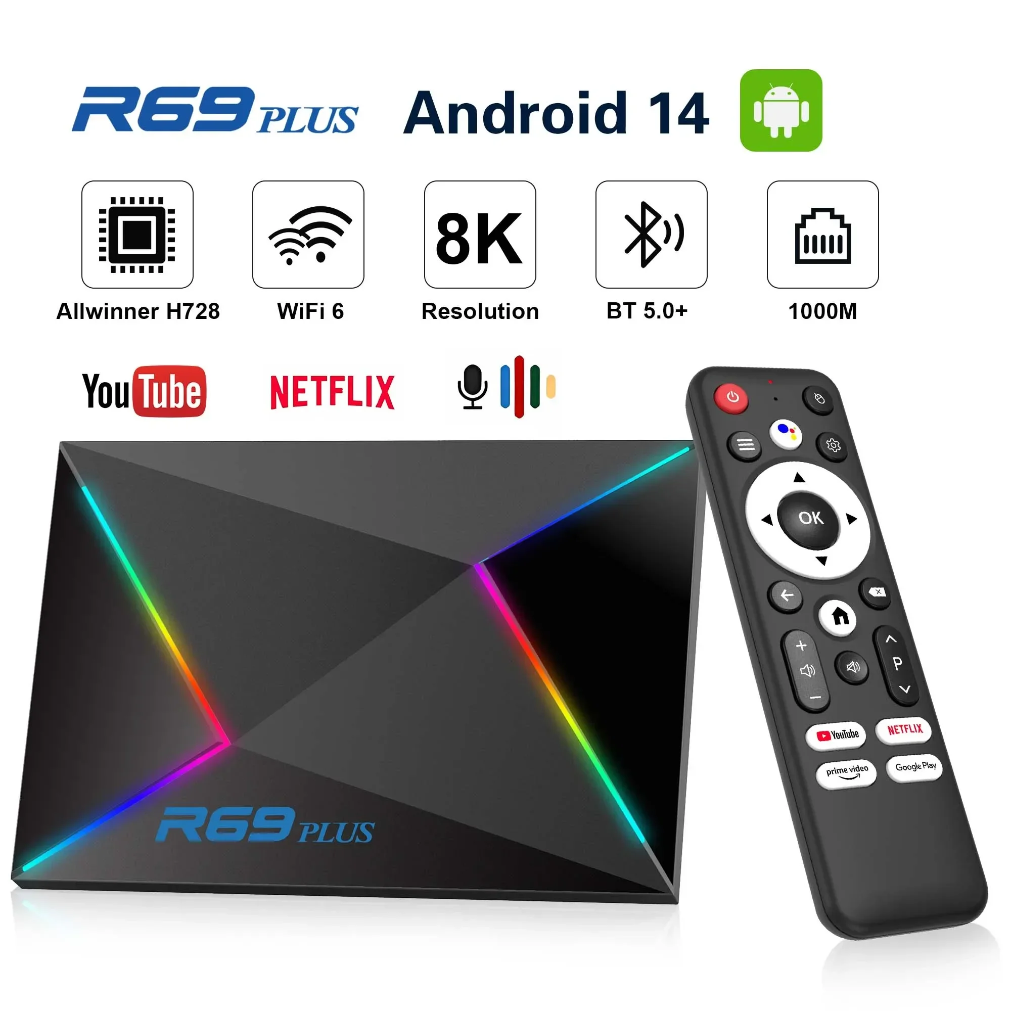 R69Plus TV Box Android14 AllwinnerH728 Octa-core Chip BT5 1000M LAN Dual WiFi Поддержка Netflix Chromecast Управление