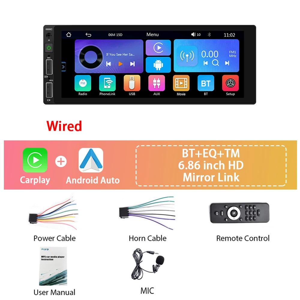 

Автомагнитола Podofo, мультимедийный MP5-плеер на Android, экран 6,86 дюйма