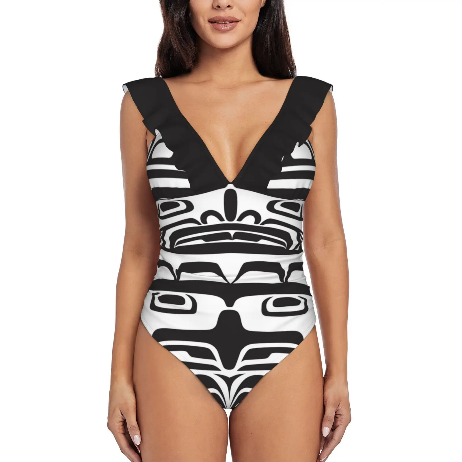 

Женский слитный купальник с оборками, черный и белый купальник-монокини с принтом из Bentwood Box, пляжная одежда с вороном