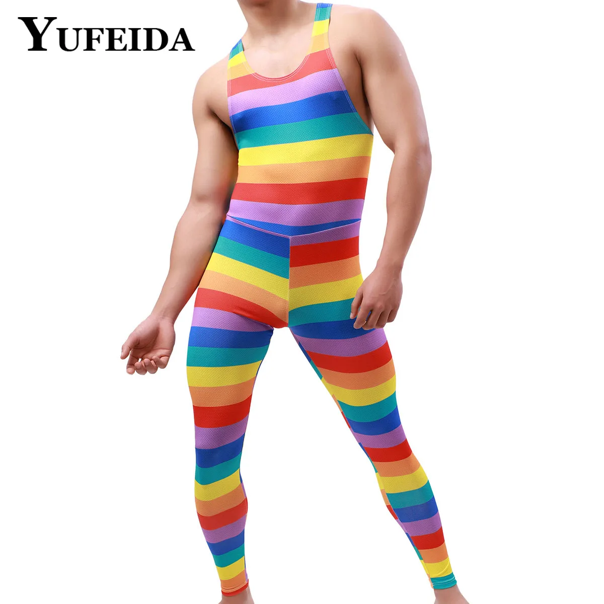 

YUFEIDA Mens Undershirt Leotard Sleeveless Rainbow Printed Jumpsuit Men's Leggings Underwear Bodysuit Wrestling Singlet Pajamas