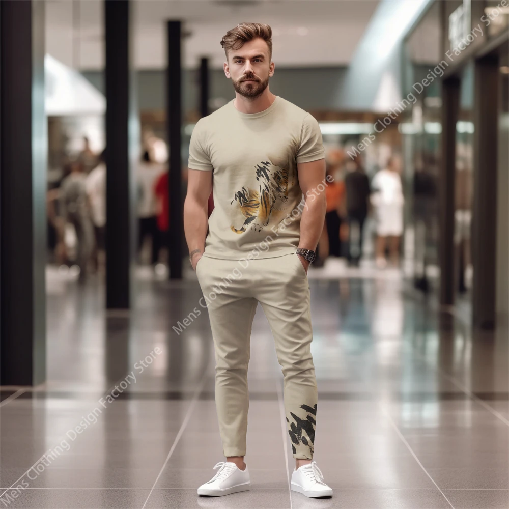 2023 Short Sleeve T-Shirt+Pants Tracksuit Men Two Piece Set Men's Clothing Fashion Graffiti Printed Casual Men's Sweat-Shirt Set