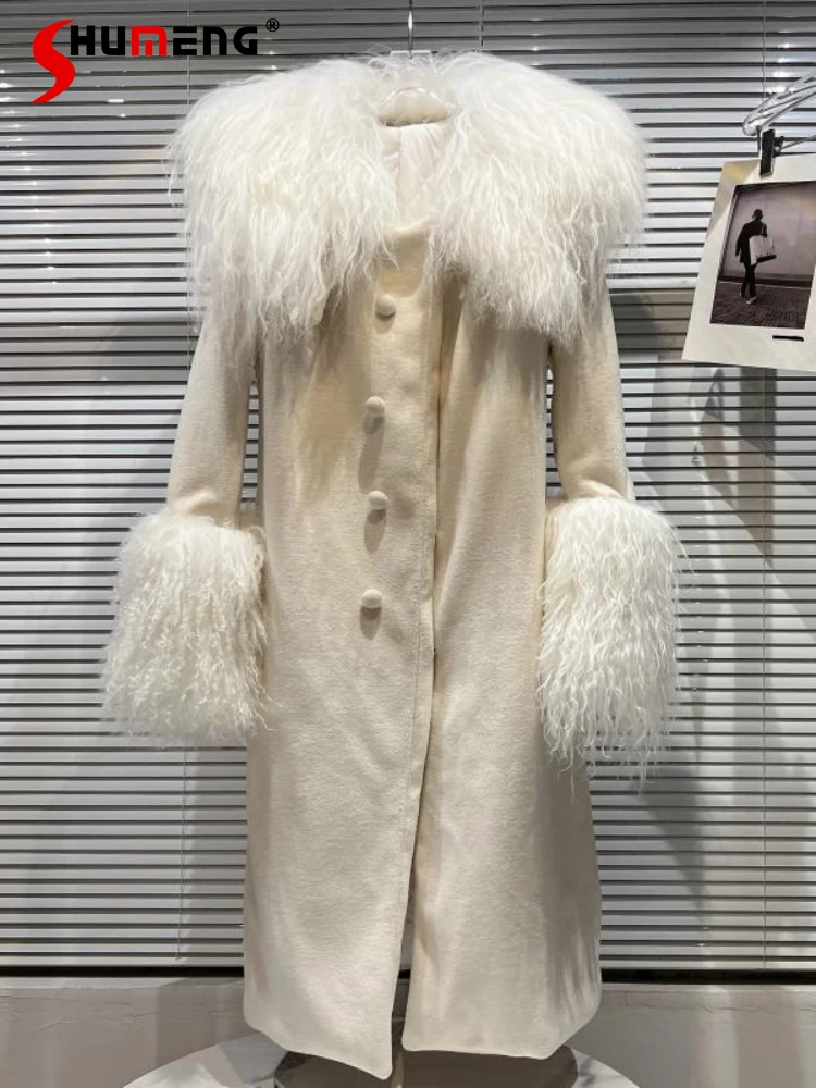 

Женское длинное пальто из искусственного меха, шерстяное пальто в стиле пэчворк, новинка зимы 2023, шерстяная куртка с длинным рукавом и большим воротником из меха ягненка для женщин