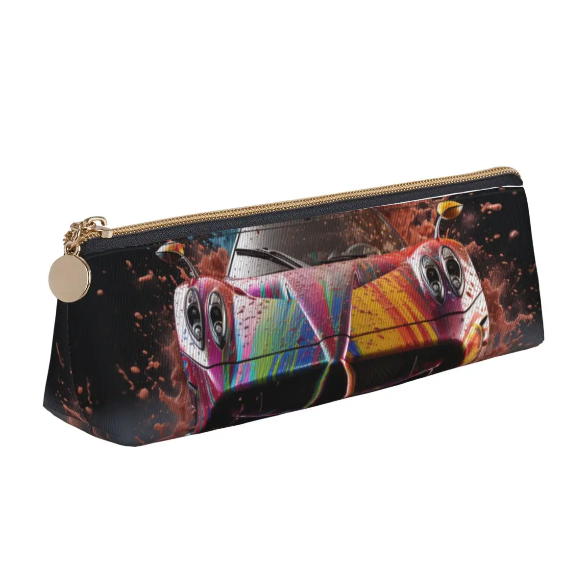 

Speed Sports Car Triangle Pencil Case Liquid Splash Explosion Girls Boys Stationery Zipper Pencil Box Retro Leather Pen Bags