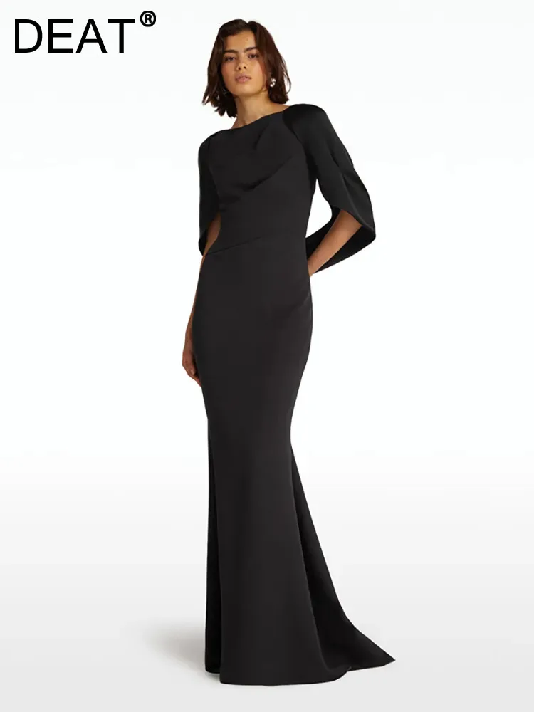 

DEAT Women Fashion Evening Dress O-neck Cape Sleeve Slim Floor Length High Waist Elegant Party Dresses Autumn 2023 New 13DB3726