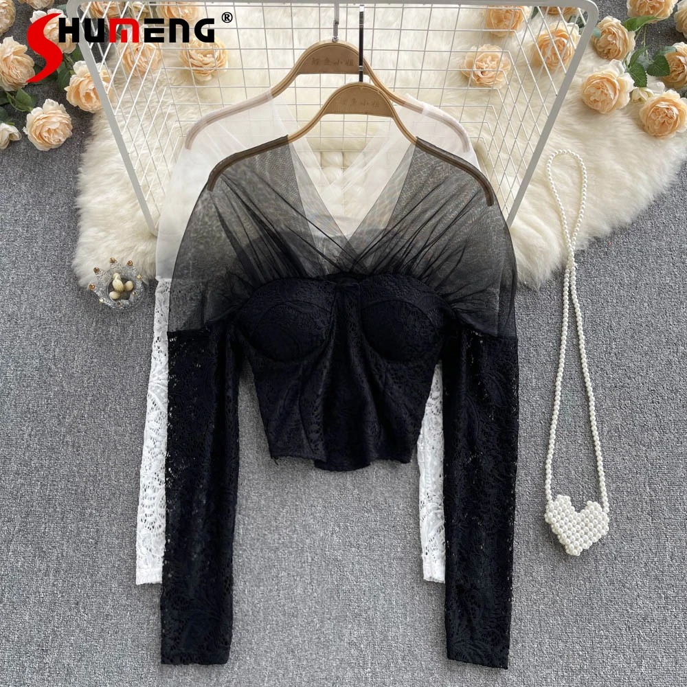 

Sexy Women's Mesh Stitching Lace Black Blouse Temperament Woman See-through Thin V Neck Slim-Fit Short Top Mujer Blusa Feminina
