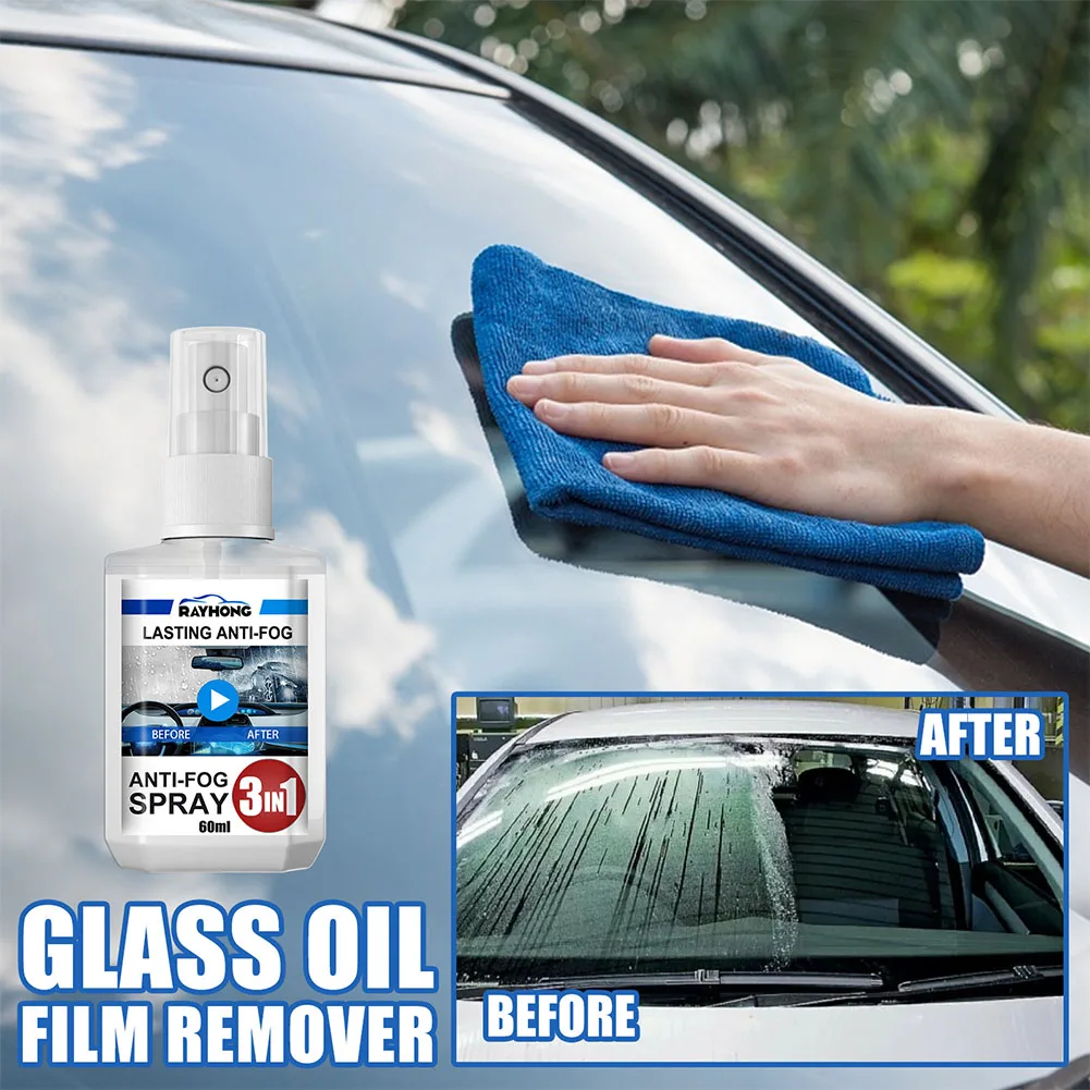 

60ml Car Glass Anti Fog Spray 3 In 1 Anti Fog Agent Auto Windshield Glass Cleaning Kit Spray Waterproof Long-Lasting Protection