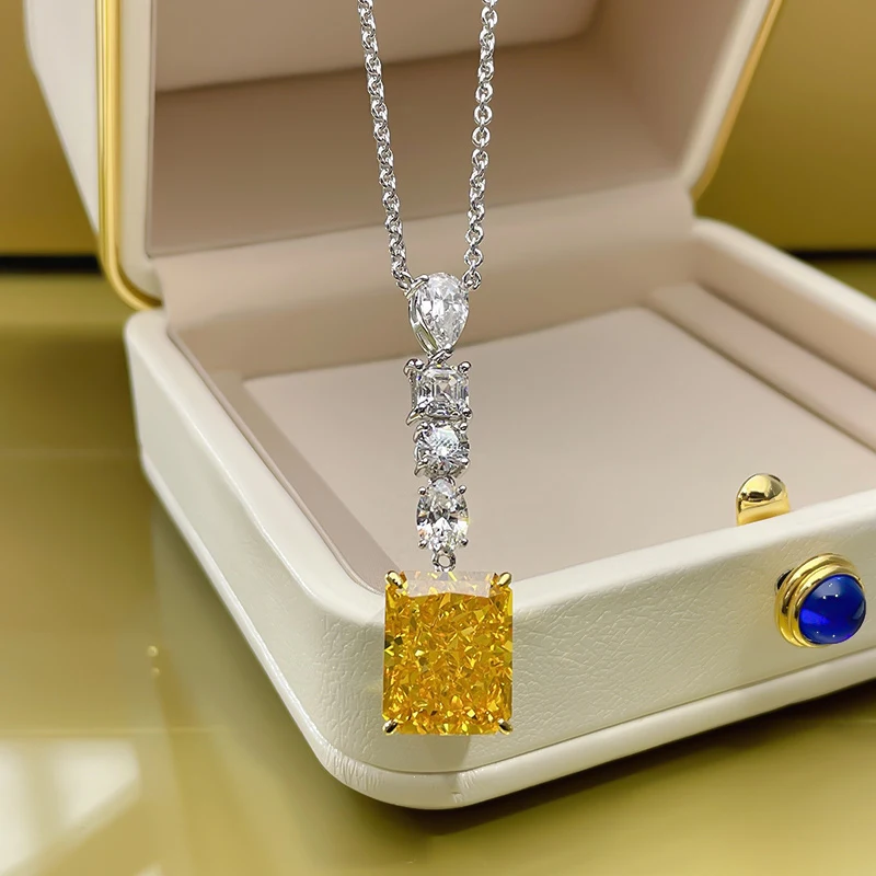 

New S925 Silver Necklace 12*15 Yellow Diamond 5A Zircon Simple Clavicle Chain Fashion All-match Pendant