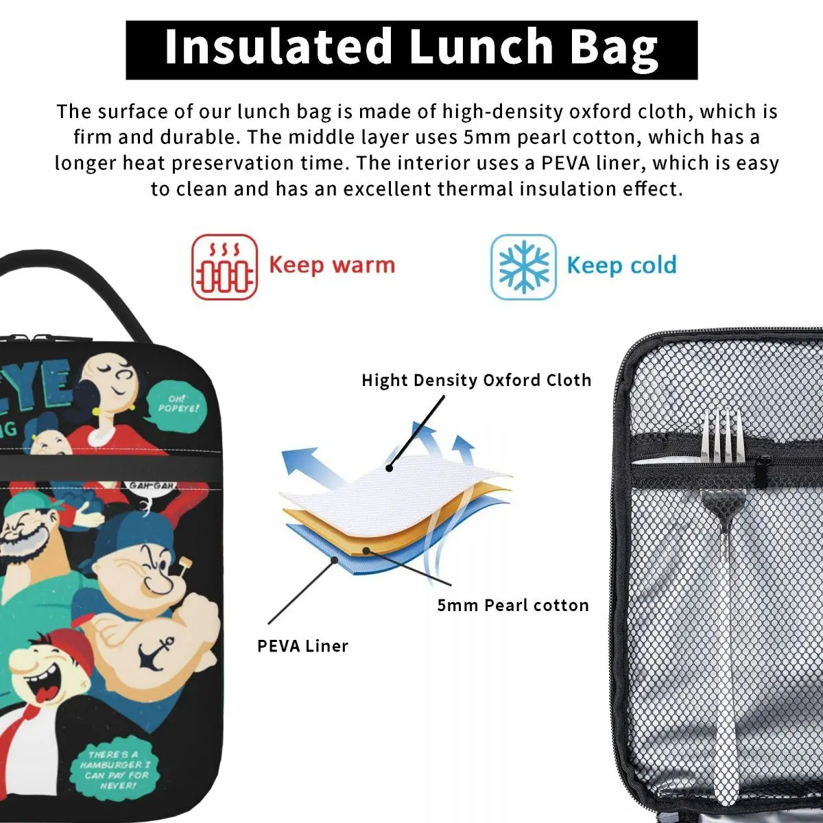 Изолированные ланч-пакеты P-Popeyes Термосумка многоразовый контейнер мультяшная
