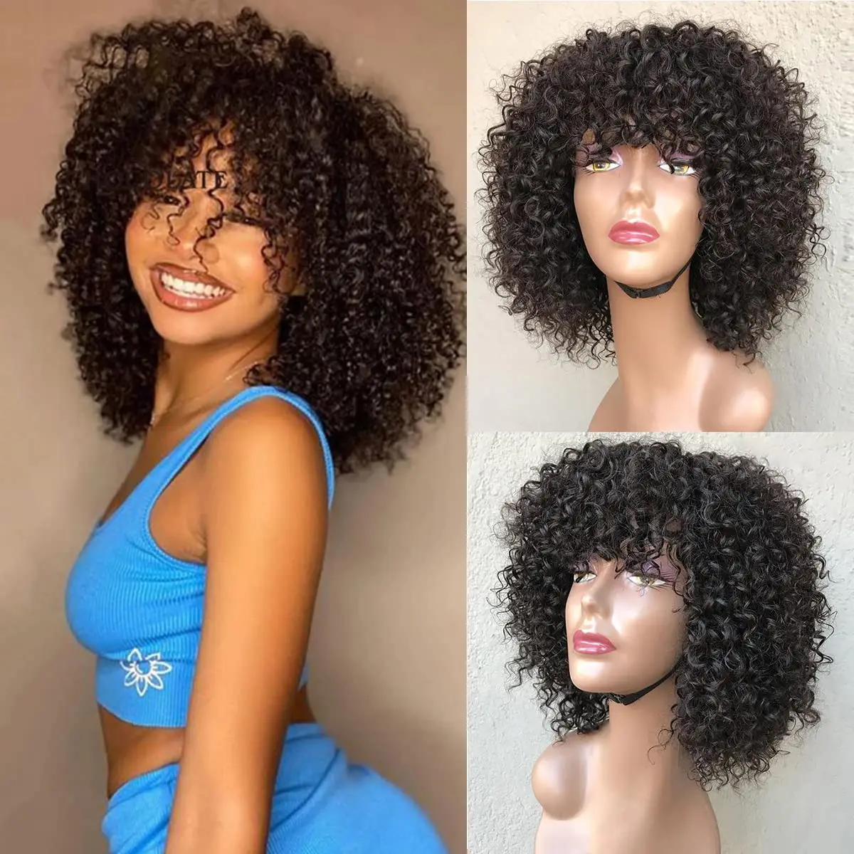 Short Curly Women's Wigs Human Natural Afro Wig Virgin Hair Peruvian Brazilian Female Headband Woman Hairpiece Glueless Tuneful