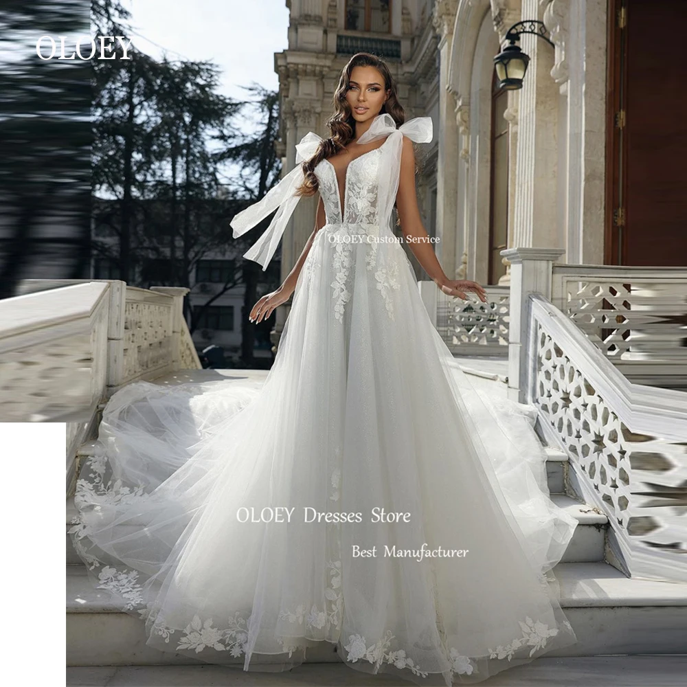 

OLOEY Elegant Lace Applique A Line Wedding Dresses 2023 Bow Shoulder Chapel Train Bridal Gowns Dubai Arabic Vestido de noiva