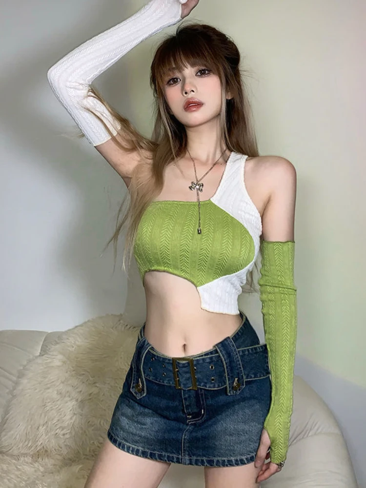 

Summer Casual Patchwork Chic Tops Women Designer Irregular Sexy Party Tops Female Slash Neck Midriff Skinny Crop Tops 2022 New
