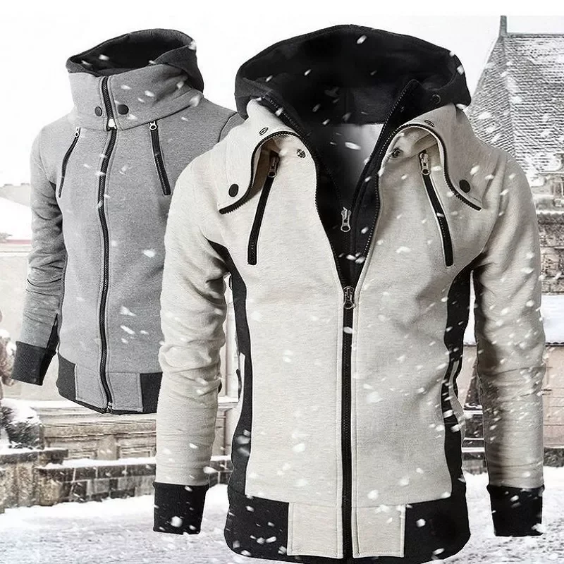 

2022 Zipper Men Jackets Autumn Winter Casual Fleece Coats Bomber Jacket Scarf Collar Fashion Hooded Male Outwear Slim Fit Hoody
