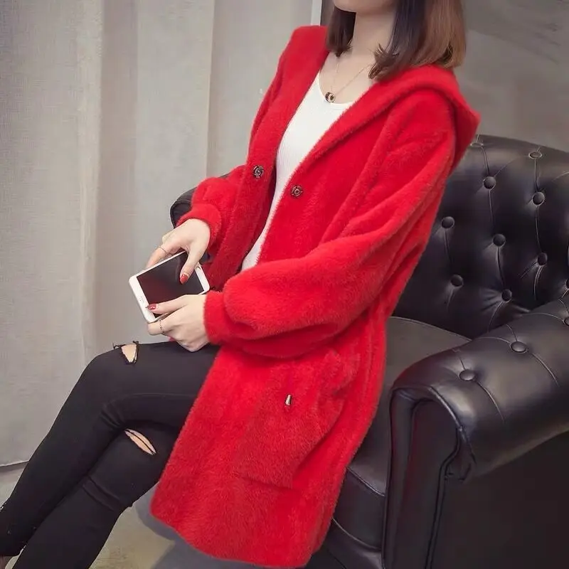 

Mink Fluff Mid Long Cardigan Sweater 5 Color Hooded Long Sleeve Drawstring Sweater Winter Thick Big Pocket Ladies Sueter Mujer