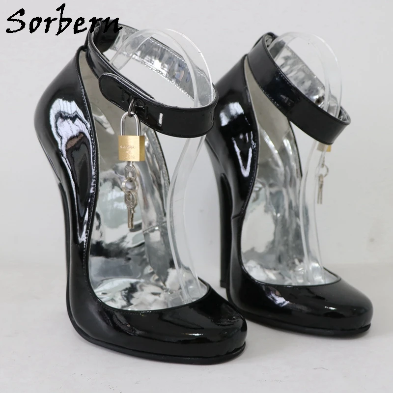Sorbern Retro Burlesque Showgirl Pump Shoe Sissy Boy Ankle Locks with Key Round Toe Real Leather 16cm High Heel Shoe