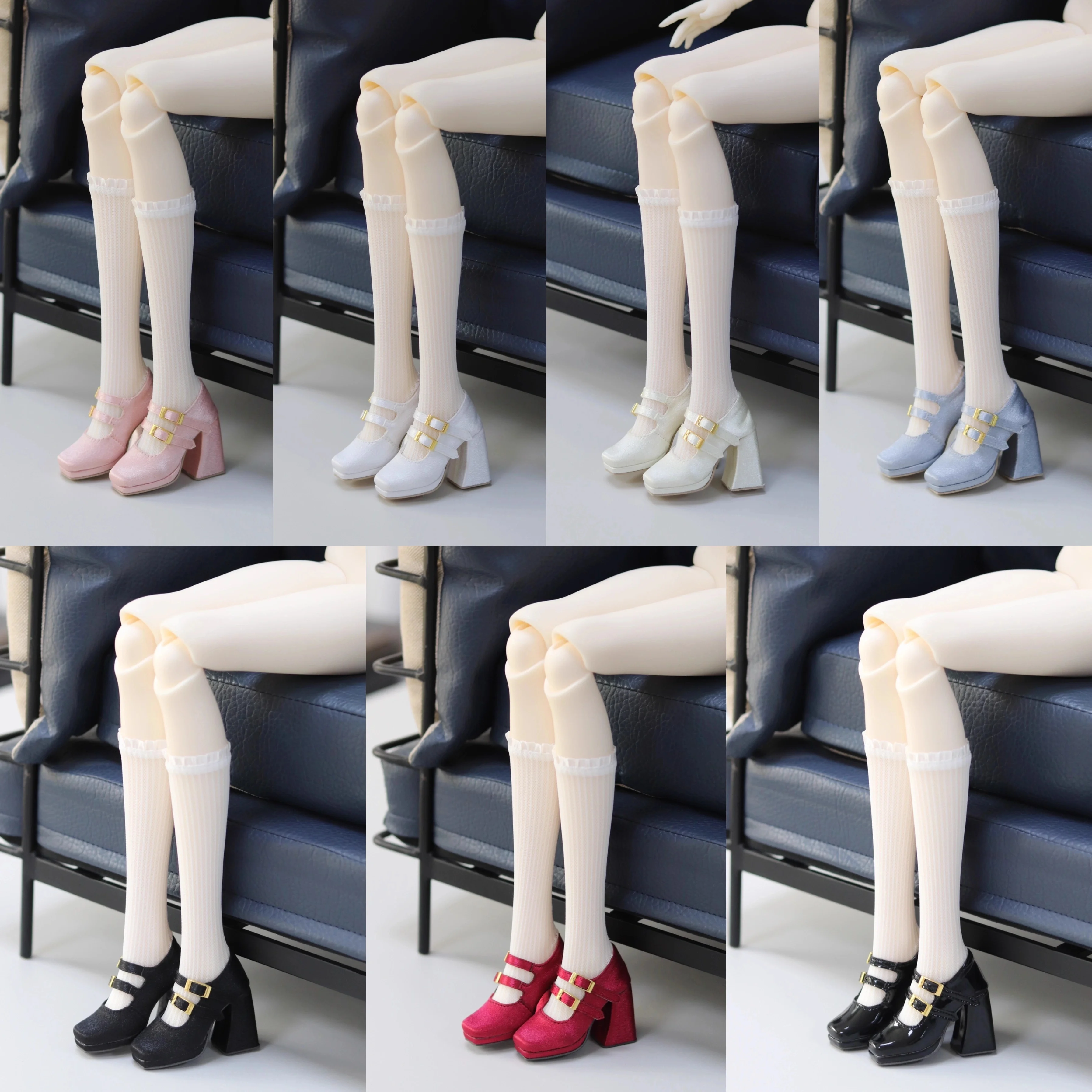 Фото Обувь для кукол BJD DD/SDGR 1/3 AS: Элегантные туфли на толстом высоком каблуке из натурального шелка, красные и черные, с двойной пряжкой, квадратный носок, аксессуары для кукол №5