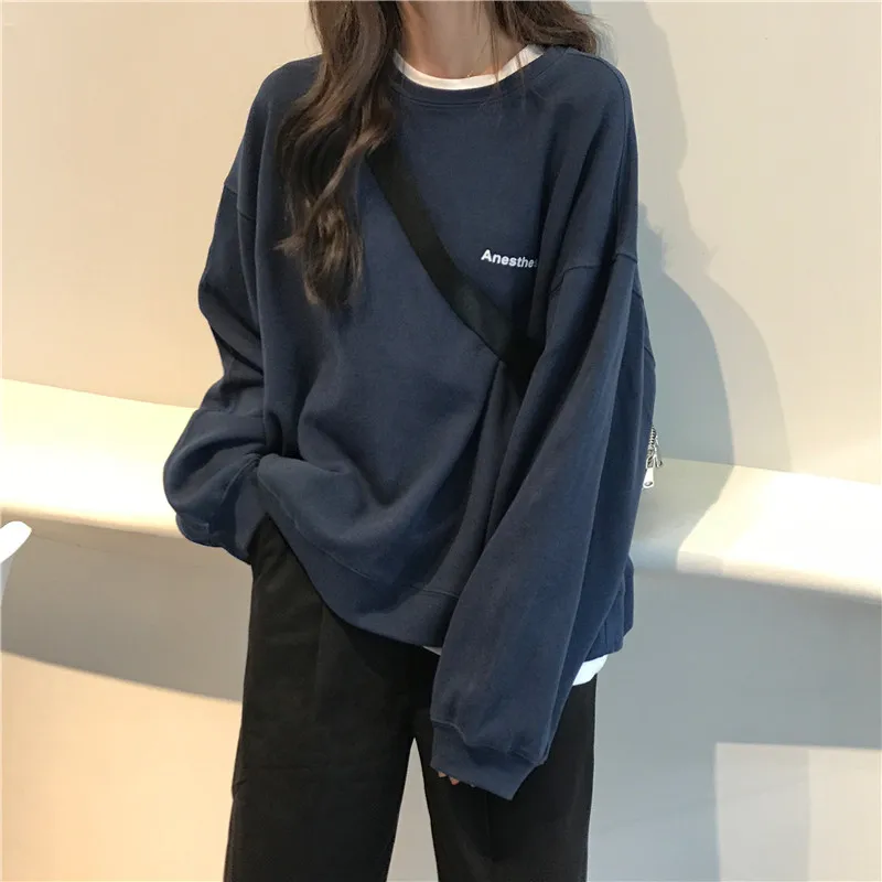 New Kpop Letter Hoody Fashion Korean Thin Chic Women's Sweatshirts Cool Navy Blue Gray Hoodies for Women M-XXL