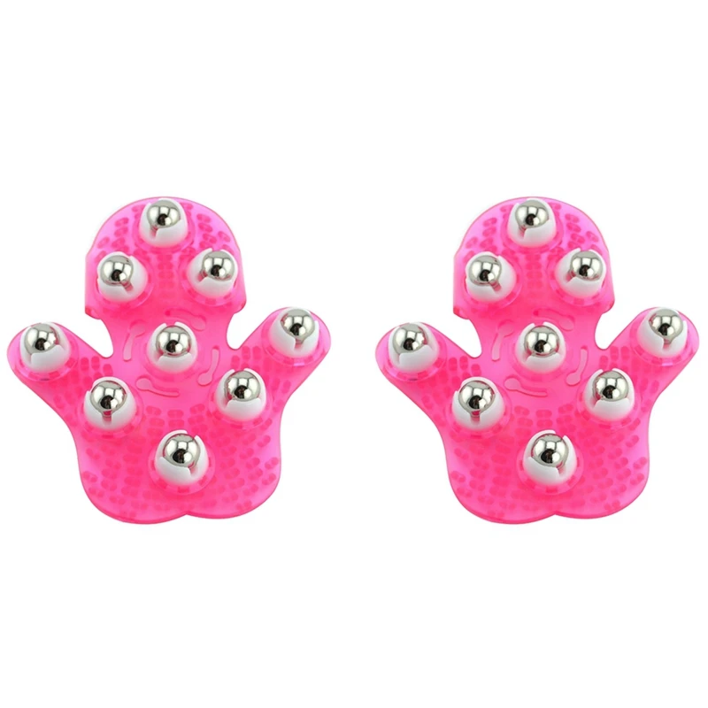 

2X Palm Shaped Massage Glove Body Massager With 9 360-Degree-Roller Metal Roller Ball Beauty Body Care (Pink)