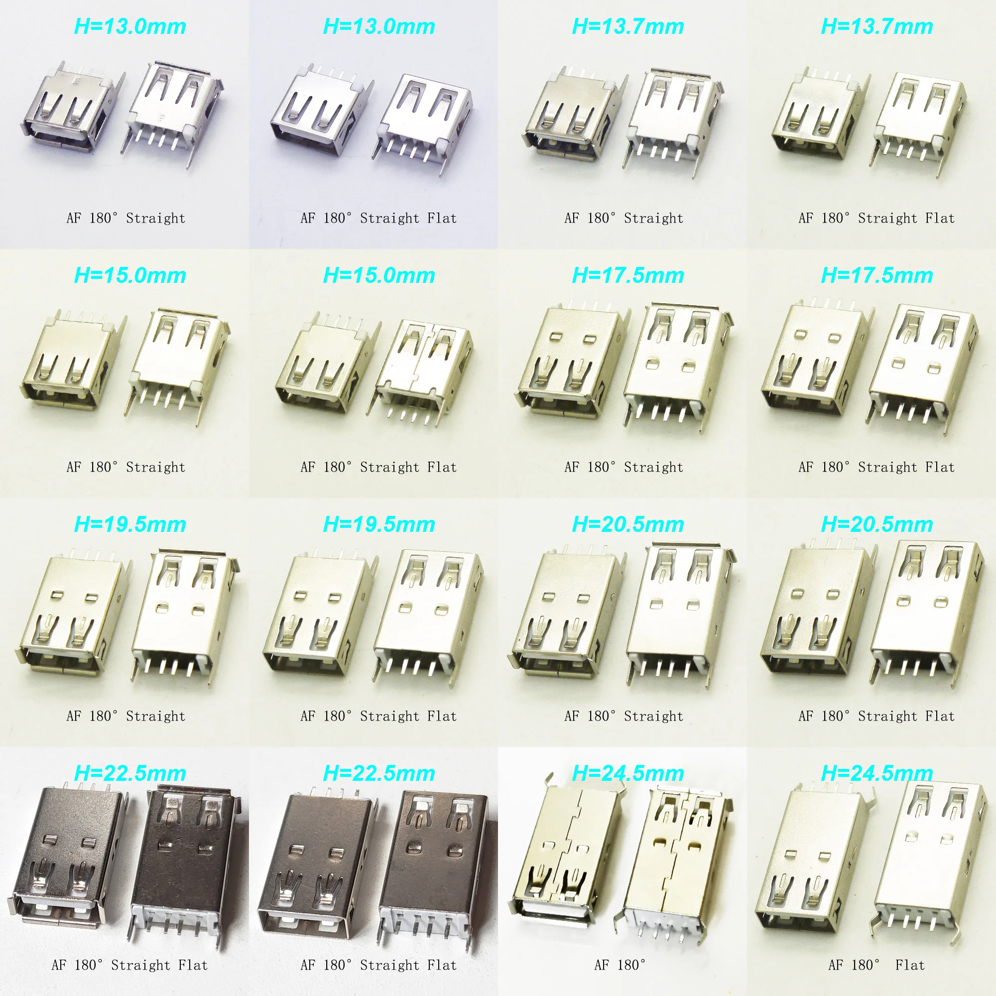 10pcs USB 2.0 Jack L=13/13.7/15/17.5/19.5/20.5/22.5/24.5mm A Type USB 2.0 Connector Female Socket Straight Feet 180degree DIP