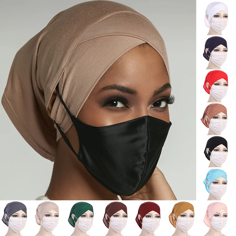Forehead Cross Muslim Inner Hijabs for Women Bonnet Hat with Ear Hole Stretchy Headwrap Islamic Clothing Accessories