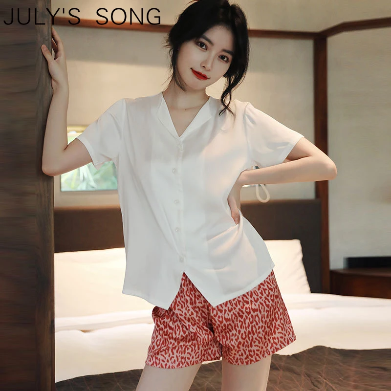 

JULY'S SONG Leopard Print Women Pajamas Set Ice Silk Short Sleeve Shorts Sleepwear V-neck Summer Loungewear Female Pyjamas
