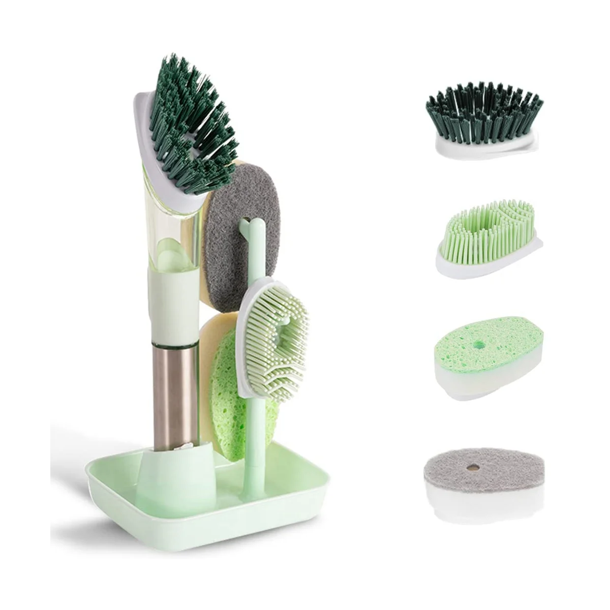 

Щетка для мытья посуды, набор щеток для дозирования мыла и 4 сменных держателя для хранения посуды, кастрюли, раковины, зеленый цвет