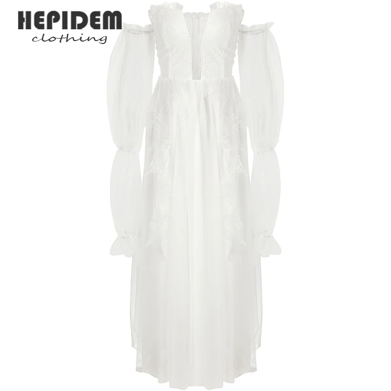 

HEPIDEM Clothing Runway Fashion Autumn Party Dress 2022 New Women's Sexy V-Neck Embroidery Vintage Polka Mesh Long Dress 69875