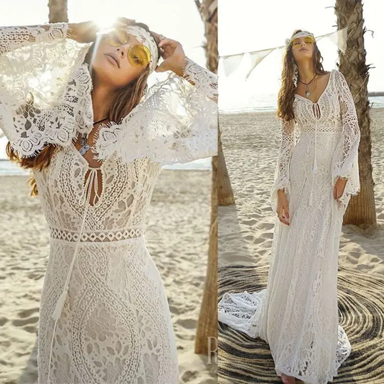 

Boho Wedding Dress Flare Sleeve Backless Wedding Gowns Outdoor Vintage Lace Bridal Gown Custom Made Vestido De Noiva Boho