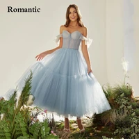 romantic baby blue prom party gowns off the shoulder sweetheart tea length evening dress for teen girls gradution vestido 2022