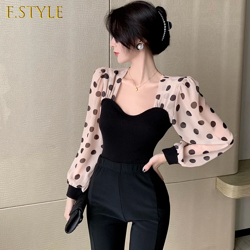 

F GIRLS Blusas Mujer De Moda Sexy Slim French Puff Sleeve Polka Dot Mesh Blouse Women Knitting Patchwork Fashion Top Vintage