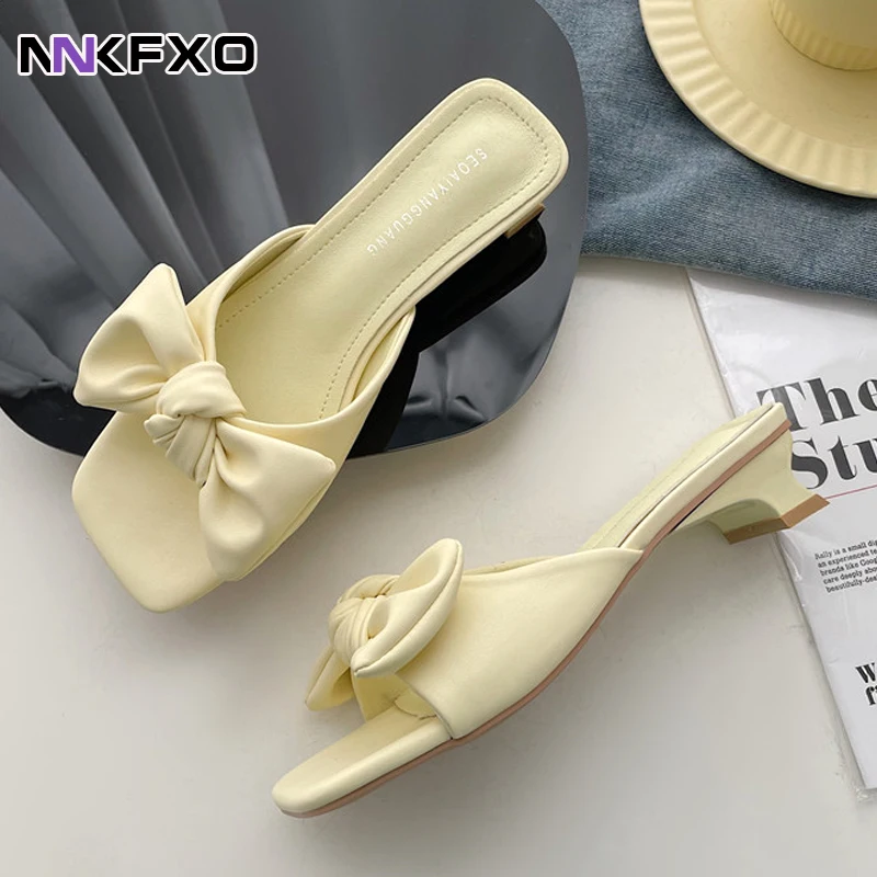 

New Summer Women Shoes Square Toe bow Slides Rubber PU Solid Outside Thin Heels Adult Shallow Beach Slippers Size 35-40 vc3789