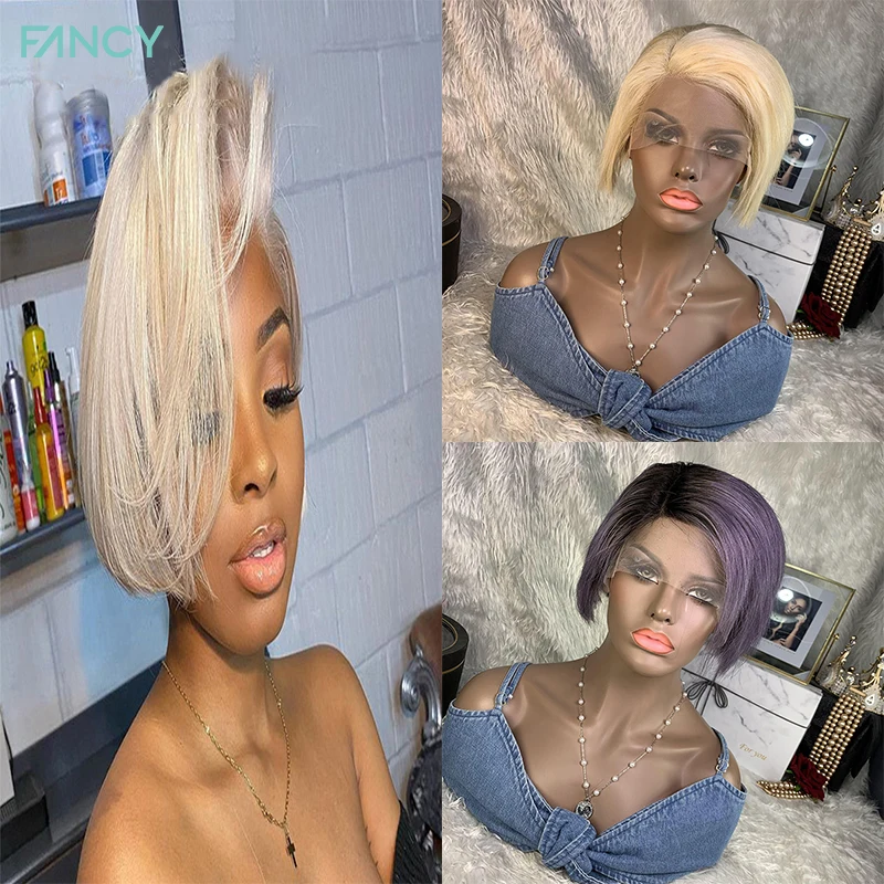 Fancy Short Blonde Pixie Cut Wig Human Hair Brazilian Straight Wigs Cheap Human Lace Front Wigs ​for Women Hair Wig Pre Plucked