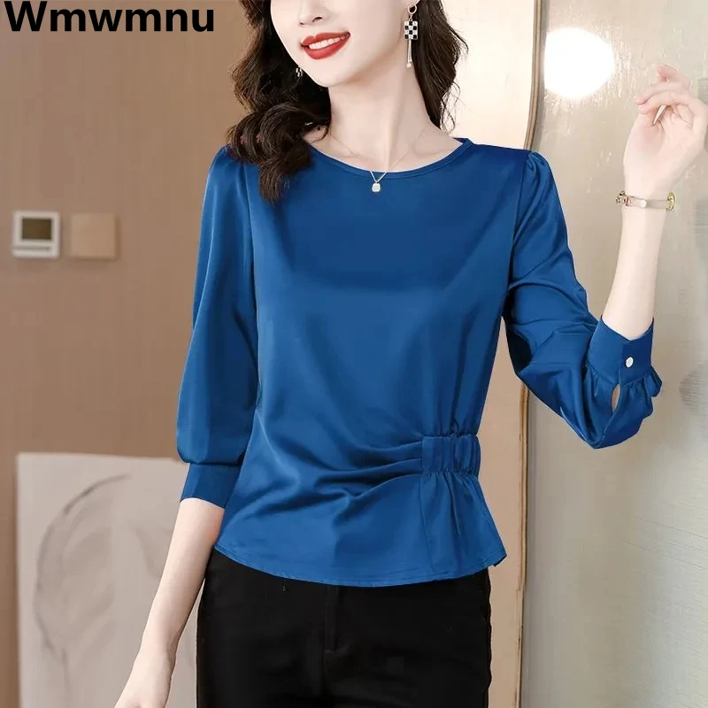 

Satin Smooth Oversize 4xl Shirts Long Sleeve O-neck Blouse Korean Elegant Blusas Casual Solid Pleated Pullover Women Spring Tops